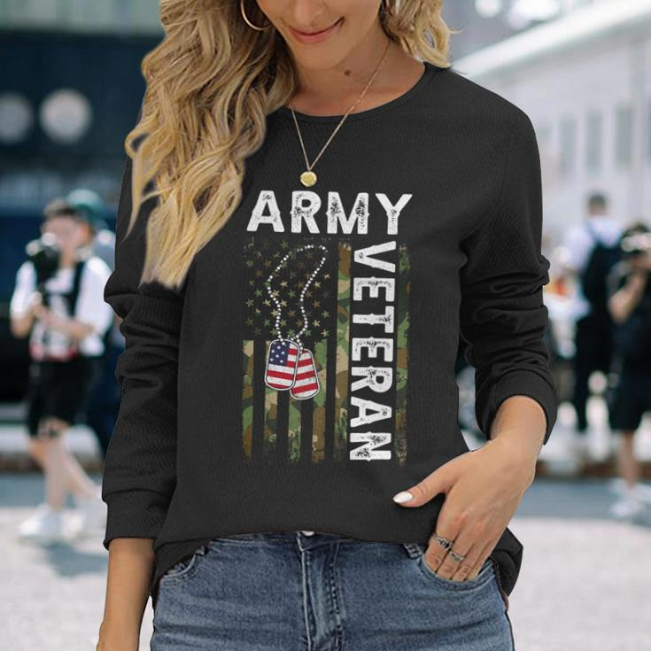 Veteran Vets Us Army Veteran Usa America Camo Flag And Military Dog Tag Veterans Long Sleeve T-Shirt Gifts for Her