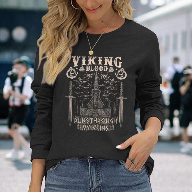 Viking Blood Runs Through My Veins Viking Church Long Sleeve T-Shirt Gifts for Her