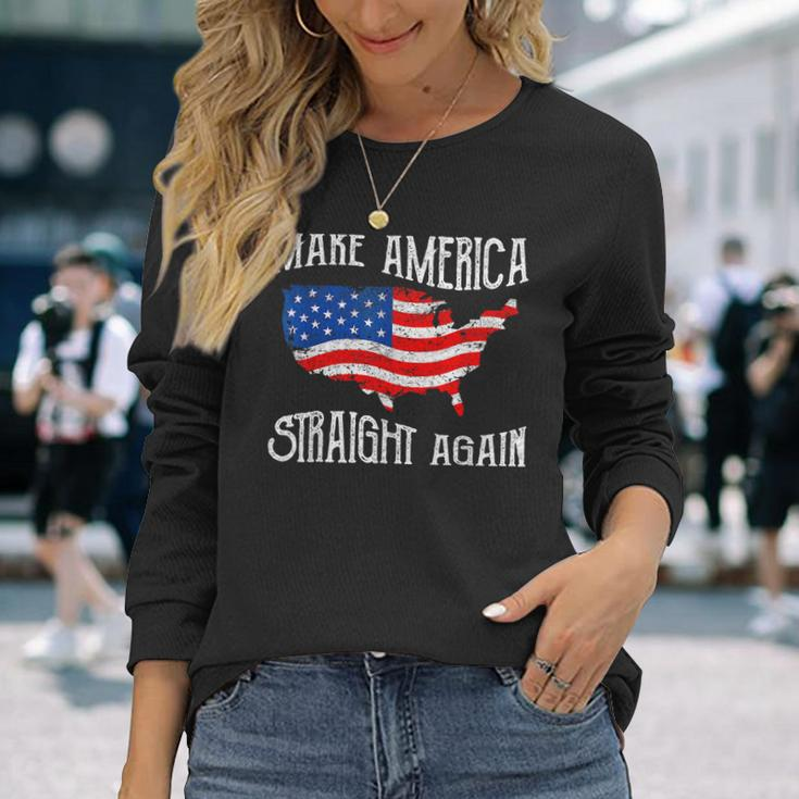 Vintage Make America Straight Again Groovy American Us Flag Long Sleeve T-Shirt T-Shirt Gifts for Her