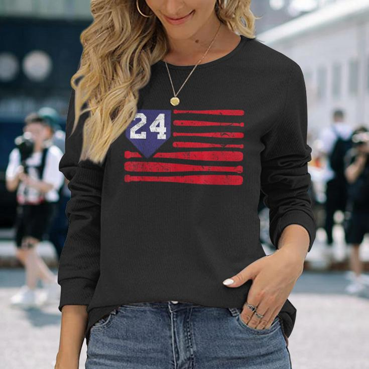 Vintage Baseball Fastpitch Softball 24 Jersey Number Long Sleeve T-Shirt Gifts for Her