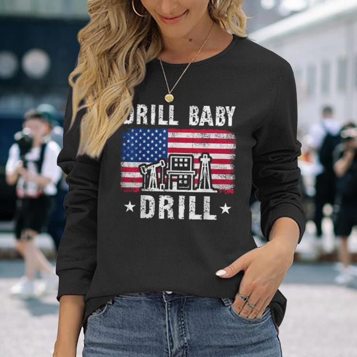 Vintage Drill Baby Drill American Flag Trump Political Long Sleeve T-Shirt Gifts for Her