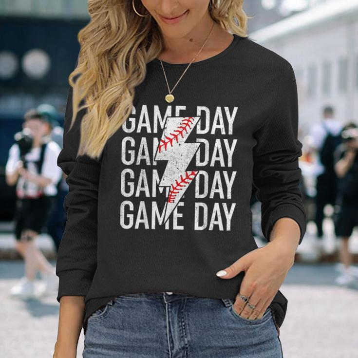 Vintage Game Day Fathers Day Lightning Bolt Baseball Sport Long Sleeve T-Shirt Gifts for Her