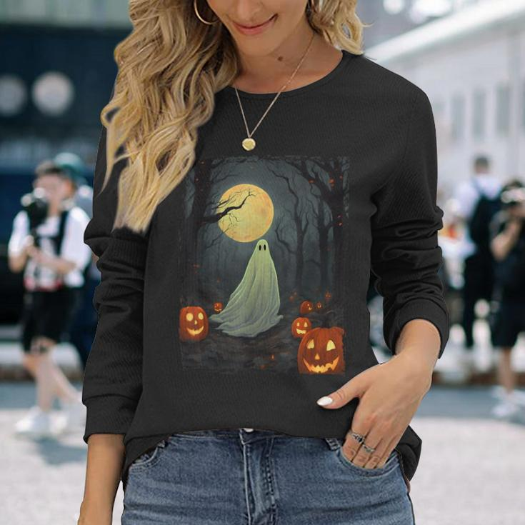 Vintage Ghost In Gothic Forest Full Moon Halloween Long Sleeve T-Shirt Gifts for Her