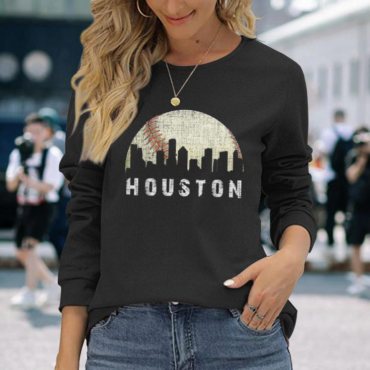 Vintage Houston Skyline City Baseball Met At Gameday Long Sleeve T-Shirt Gifts for Her