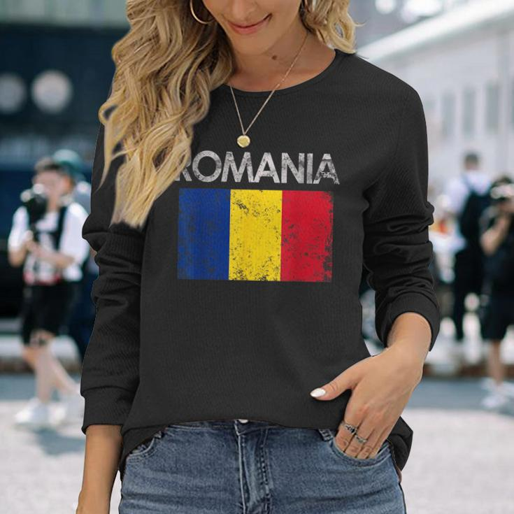 Vintage Romania Romanian Flag Pride Pride Month Long Sleeve T-Shirt Gifts for Her