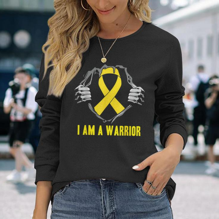 I Am A Warrior Childhood Cancer Awareness Gold Ribbon Long Sleeve T-Shirt Gifts for Her
