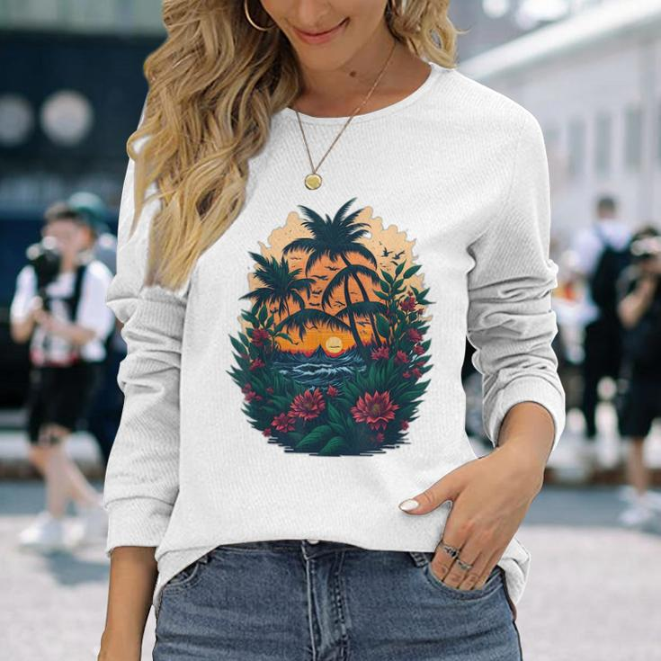 Cute Mountain Sunset Palm Trees Ocean Graphic Long Sleeve T-Shirt Gifts for Her