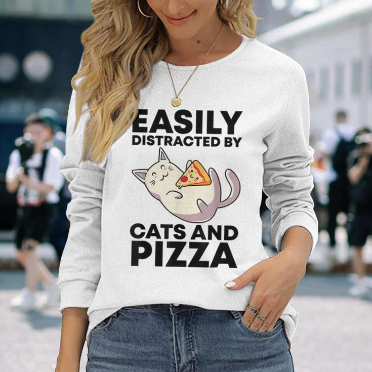 Easily Distracted By Cats And Pizza Kawaii Cat Lovers Long Sleeve Gifts for Her