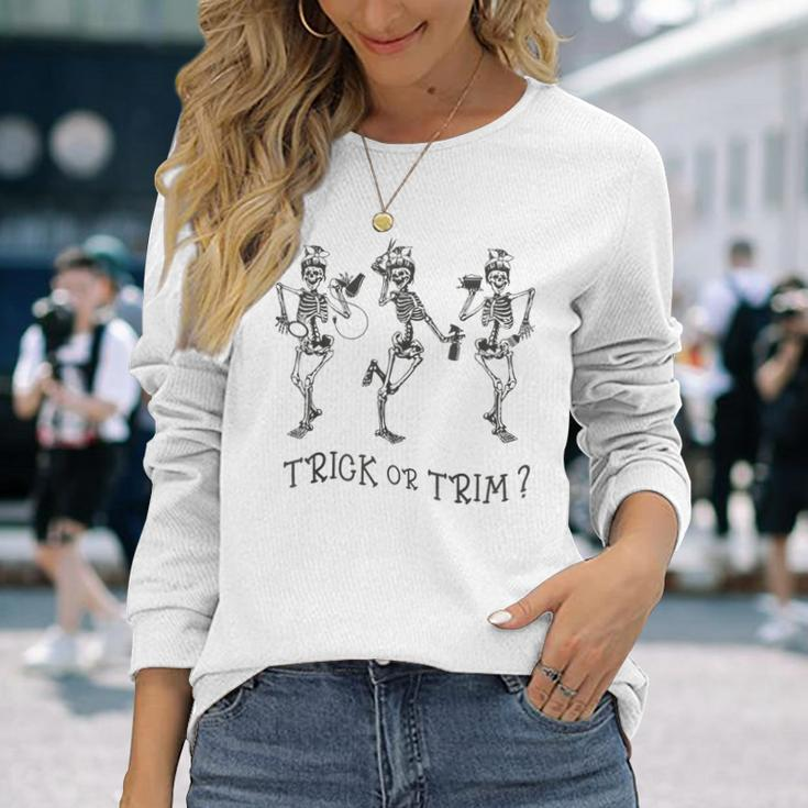 Dancing Skeleton Trick Or Trim Hairstylist Halloween Long Sleeve T-Shirt Gifts for Her