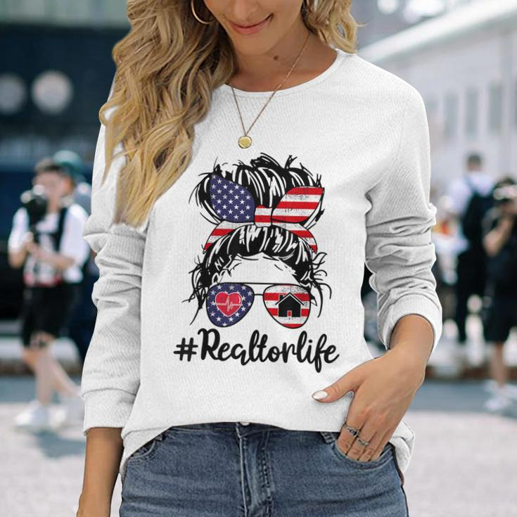 Happy July 4Th Day Real Estate Messy Buns Usa Flag Long Sleeve T-Shirt T-Shirt Gifts for Her