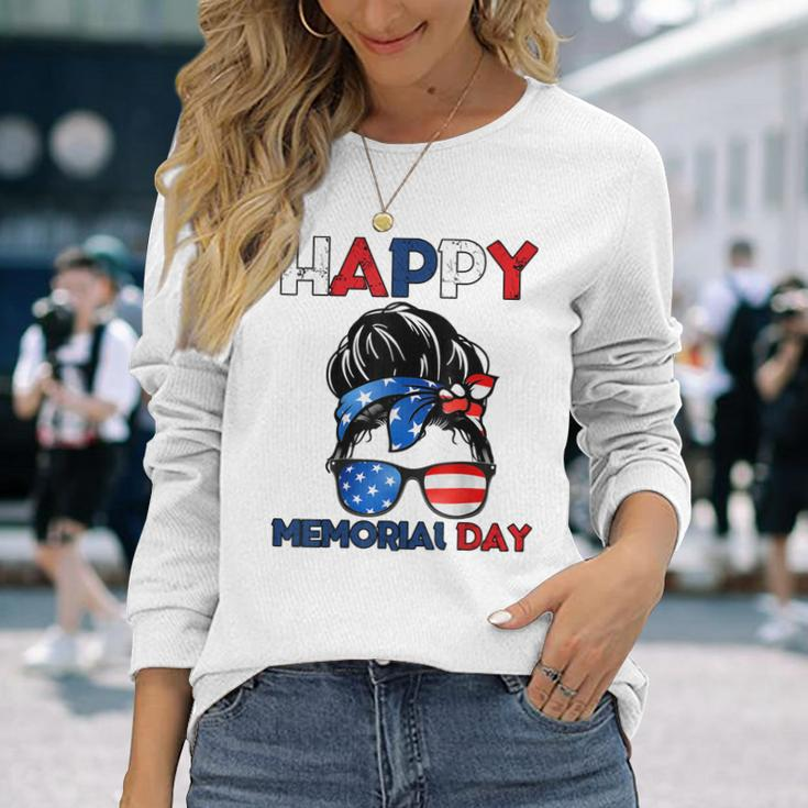 Happy Memorial Day 4Th Of July Messy Bun American Flag Long Sleeve T-Shirt T-Shirt Gifts for Her