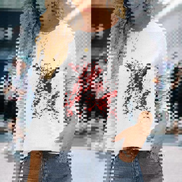 Horror Halloween Costume Knife Stab With Blood Splashes Halloween Costume Long Sleeve T-Shirt Gifts for Her