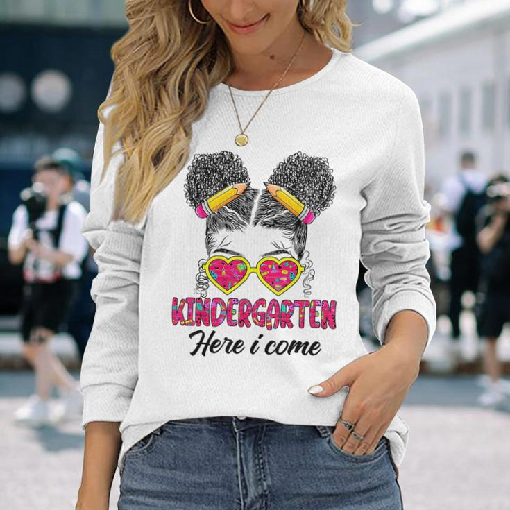 Kindergarten Here I Come Messy Bun Back To School Afro Girls Long Sleeve T-Shirt T-Shirt Gifts for Her
