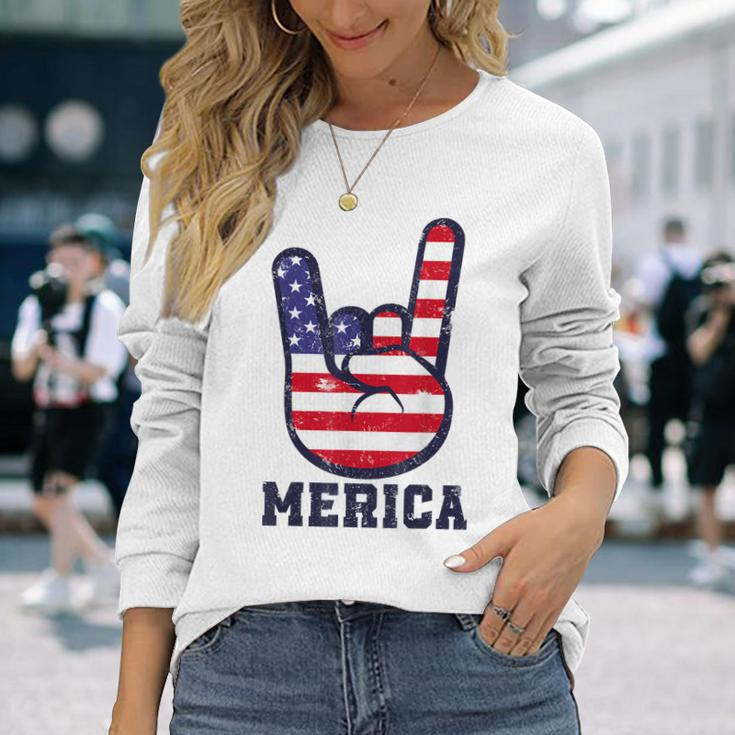 Merica Rock Sign 4Th Of July American Usa Flag Patriotic Long Sleeve T-Shirt T-Shirt Gifts for Her