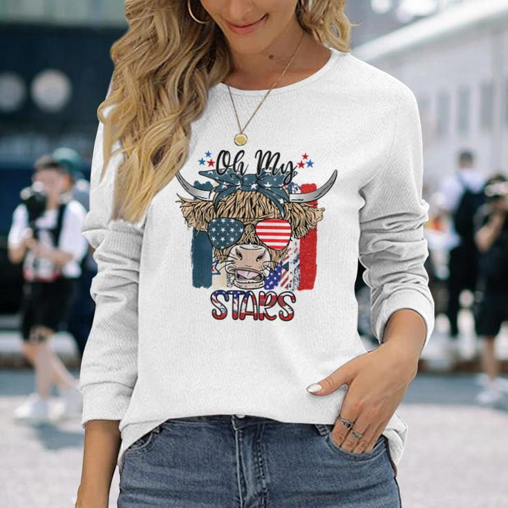 Oh My Stars Highland Cow Heifer Cow Girls 4Th Of July Long Sleeve T-Shirt Gifts for Her