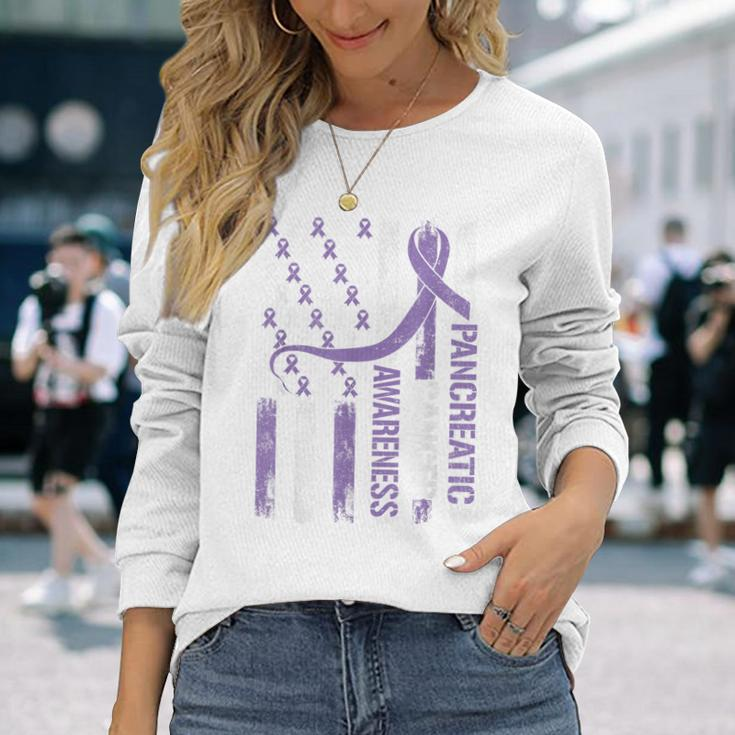 Pancreatic Cancer Awareness Month American Flag Ribbon Long Sleeve T-Shirt Gifts for Her