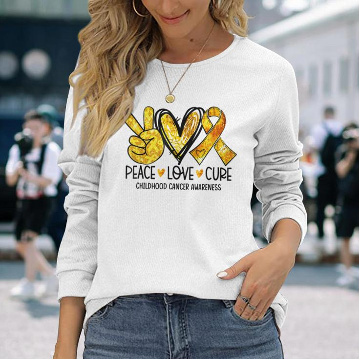 Peace Love Cure Childhood Cancer Awareness Gold Ribbon Long Sleeve Gifts for Her