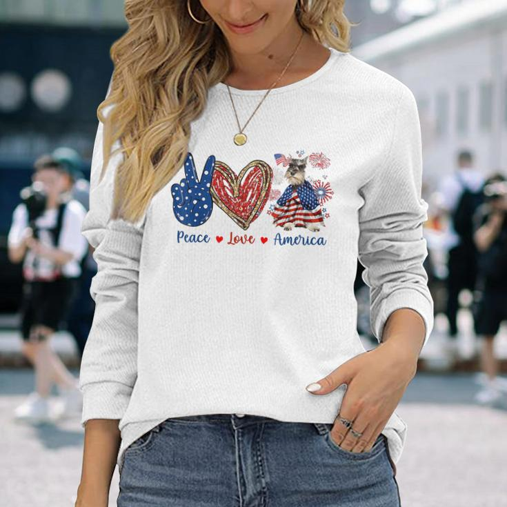 Peace Love Schnauzer Dog Patriotic America Flag 4Th July Long Sleeve T-Shirt Gifts for Her