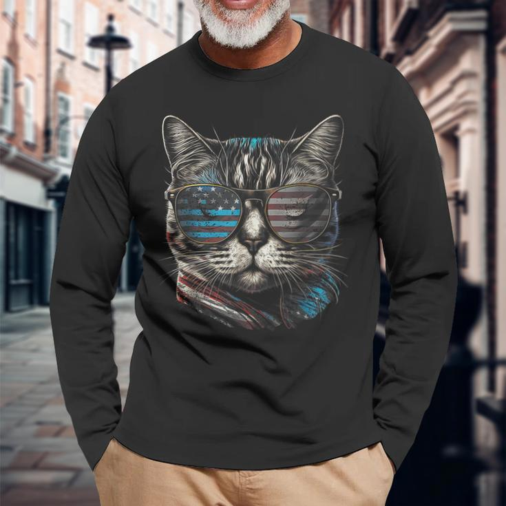 4Th Of July Cat American Flag America Patriotic Long Sleeve T-Shirt T-Shirt Gifts for Old Men