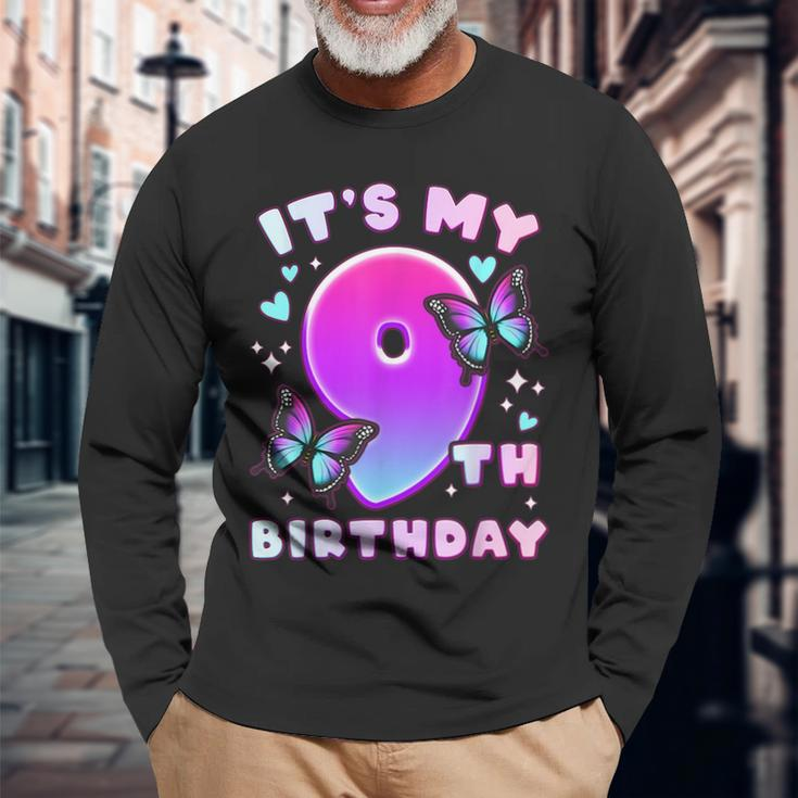 9Th Birthday Girl 9 Years Butterflies And Number 9 Long Sleeve T-Shirt Gifts for Old Men