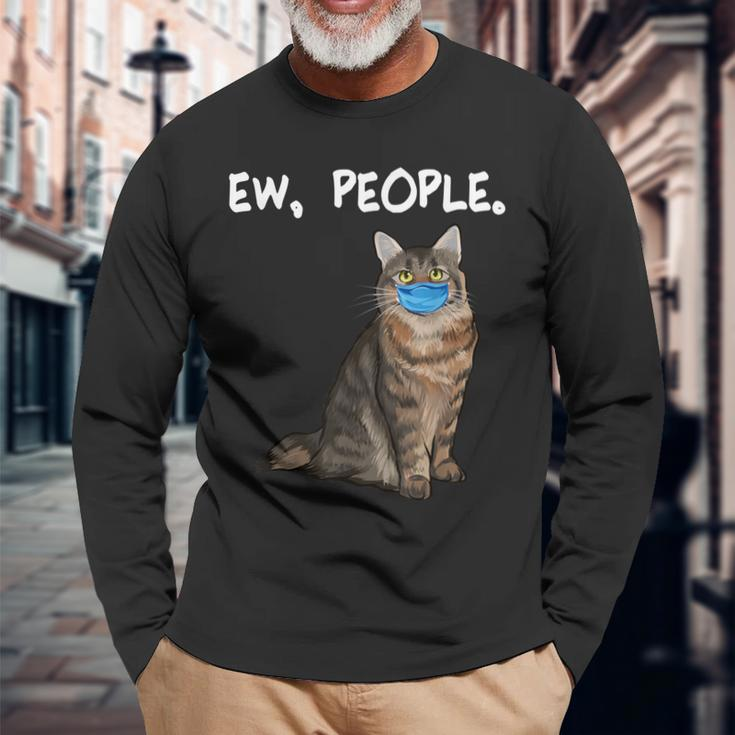 American Bobtail Ew People Cat Wearing Face Mask Long Sleeve T-Shirt Gifts for Old Men