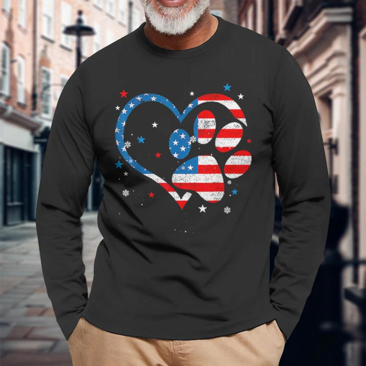 American Flag Patriotic Dog & Cat Paw Print 4Th Of July Long Sleeve T-Shirt T-Shirt Gifts for Old Men