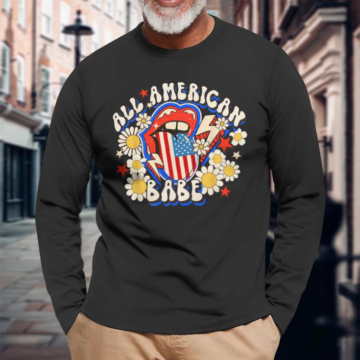 All American Retro Flower Babe 4Th Of July Usa Lip Patriotic Long Sleeve T-Shirt Gifts for Old Men