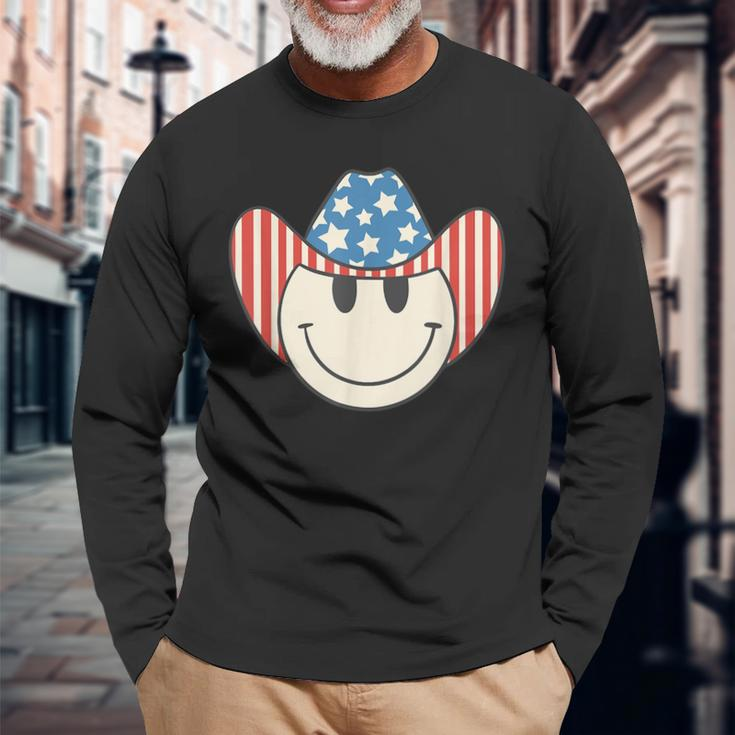 American Smile Face Cowboy Cowgirl 4Th Of July Howdy Rodeo Long Sleeve T-Shirt Gifts for Old Men