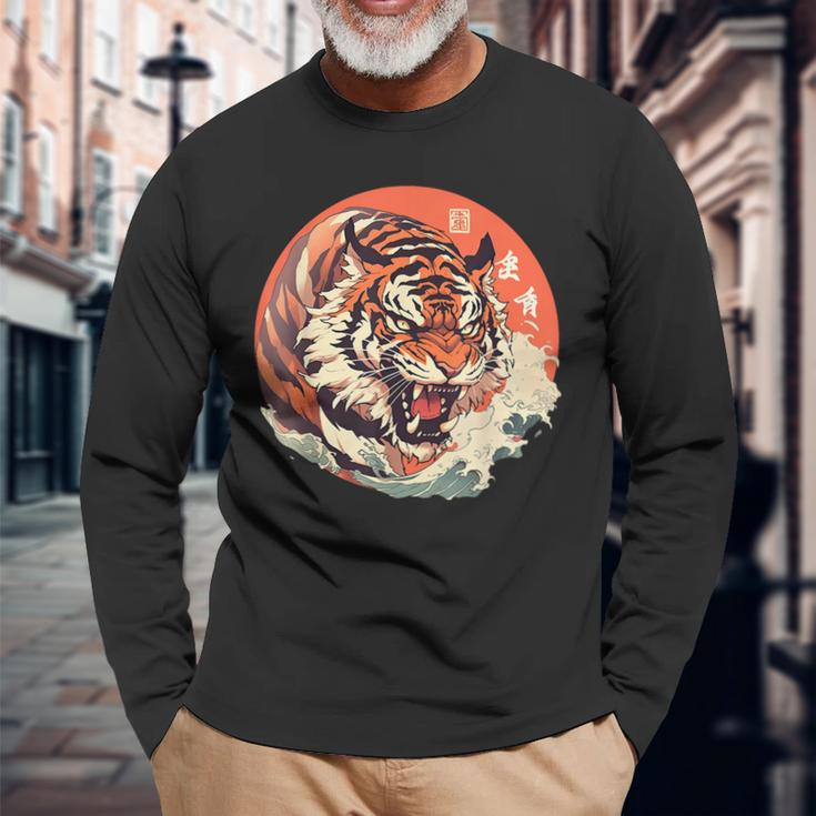 Asian Inspired Vintage Style 80S Retro Japanese Tiger Long Sleeve T-Shirt Gifts for Old Men