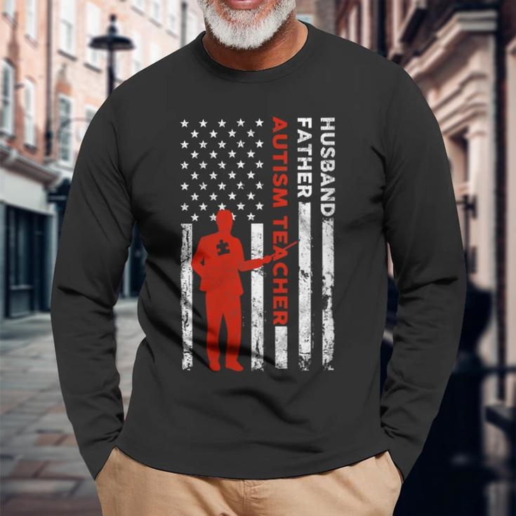 Autism Teacher Husband Dad Vintage Usa Flag American Fathers Long Sleeve T-Shirt T-Shirt Gifts for Old Men