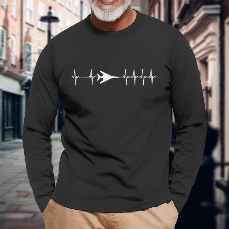 B-1 Lancer Bomber Ecg Heartbeat Airplane Long Sleeve T-Shirt Gifts for Old Men