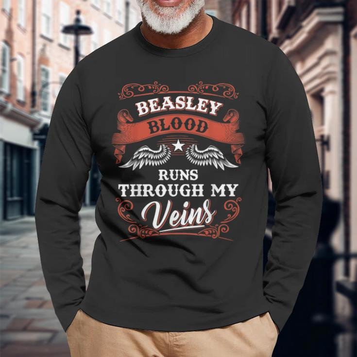 Beasley Blood Runs Through My Veins Family Christmas Long Sleeve T-Shirt Gifts for Old Men
