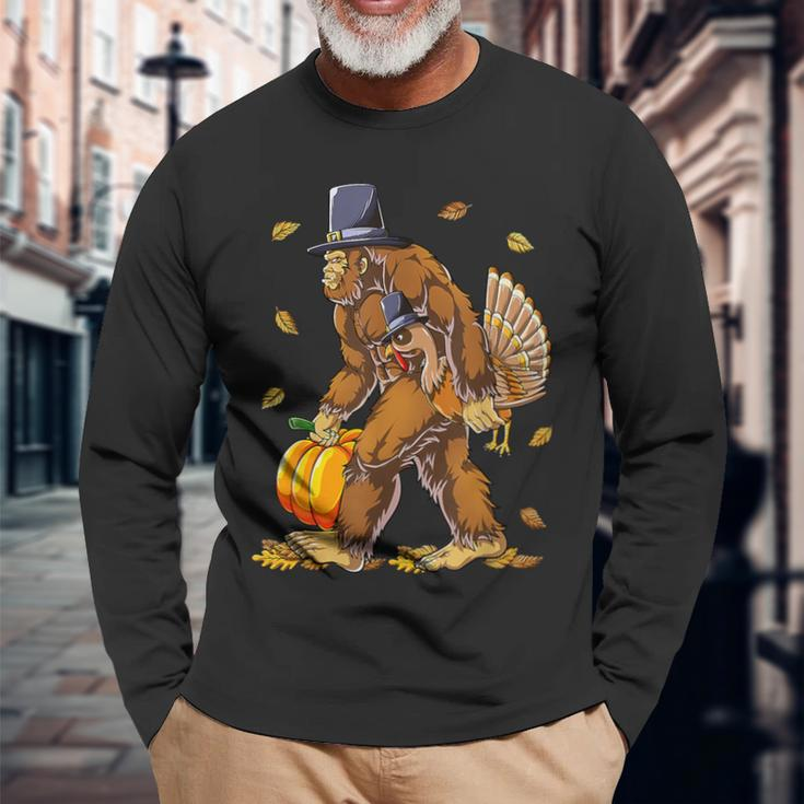 Bigfoot Turkey Pumpkin Thanksgiving Day Boys Men Long Sleeve T-Shirt Gifts for Old Men