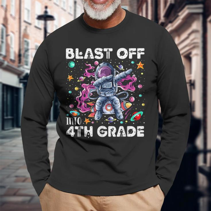 Blast Off Into 4Th Grade First Day Of School Space Rocket Long Sleeve T-Shirt Gifts for Old Men