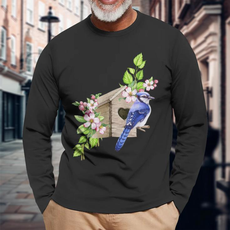 Blue Jay Bird Birdhouse And Pink Blossoms Bird Watching Long Sleeve T-Shirt Gifts for Old Men