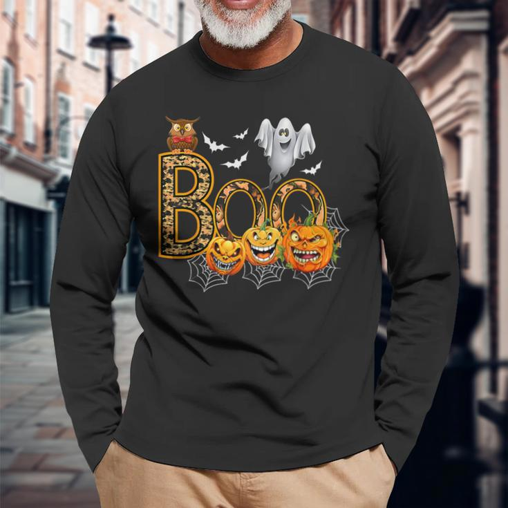Boo Creepy Owl Pumpkin Ghost Halloween Costume Long Sleeve T-Shirt Gifts for Old Men