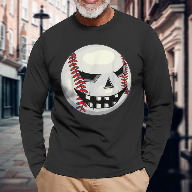 Boys Halloween Jack O Lantern Baseball Player Coach Pitcher Long Sleeve T-Shirt Gifts for Old Men