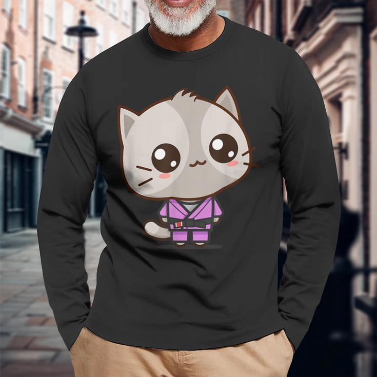 Brazilian Jiu Jitsu Black Belt Combat Sport Cute Kawaii Cat Long Sleeve T-Shirt Gifts for Old Men