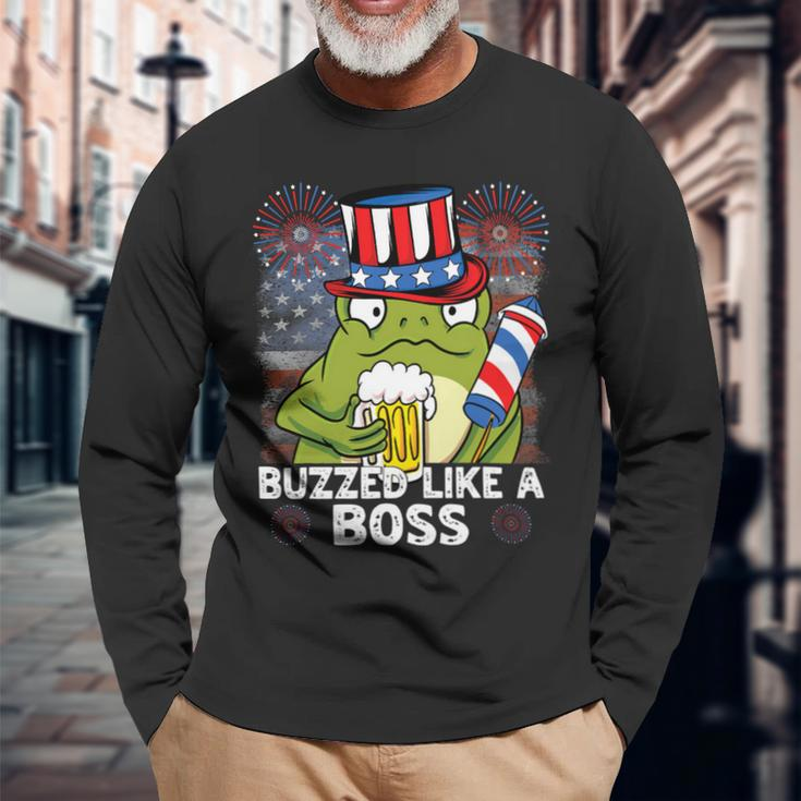 Buzzed Like A Boss 4Th Of July American Flag Frog Men Women Long Sleeve T-Shirt Gifts for Old Men
