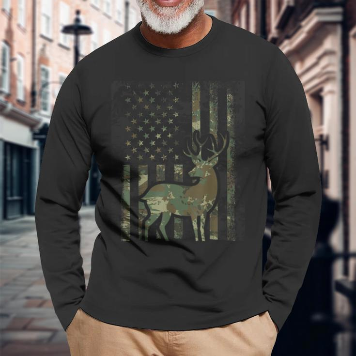 Camo American Flag Buck Hunting For Deer Hunter Long Sleeve T-Shirt Gifts for Old Men