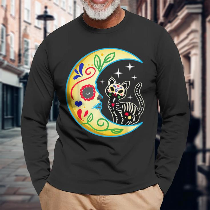 Cat & Moon Sugar Skull Dia De Los Muertos Day Of The Dead Long Sleeve T-Shirt Gifts for Old Men