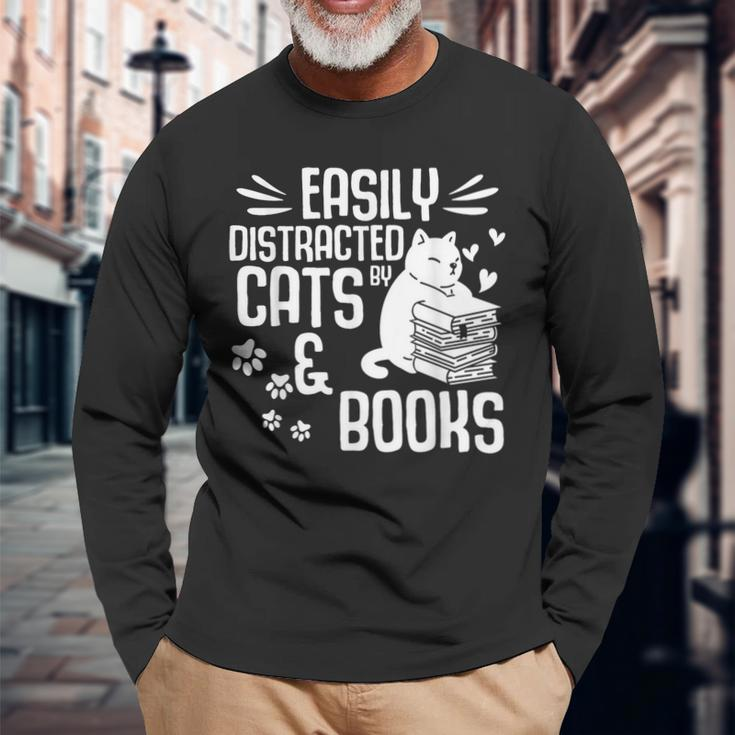 Cat Book Easily Distracted By Cats And Books Girls Boys Long Sleeve T-Shirt T-Shirt Gifts for Old Men