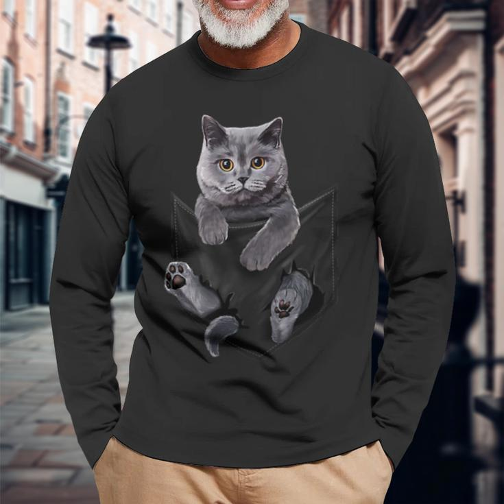 Cat Lovers British Shorthair In Pocket Kitten Long Sleeve T-Shirt Gifts for Old Men