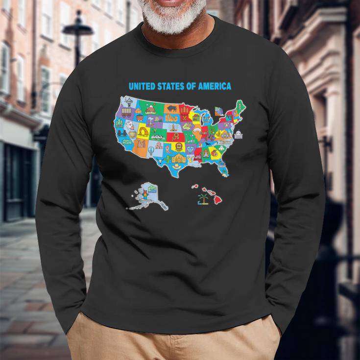 Colorful United States Of America Map Us Landmarks Icons Long Sleeve T-Shirt Gifts for Old Men