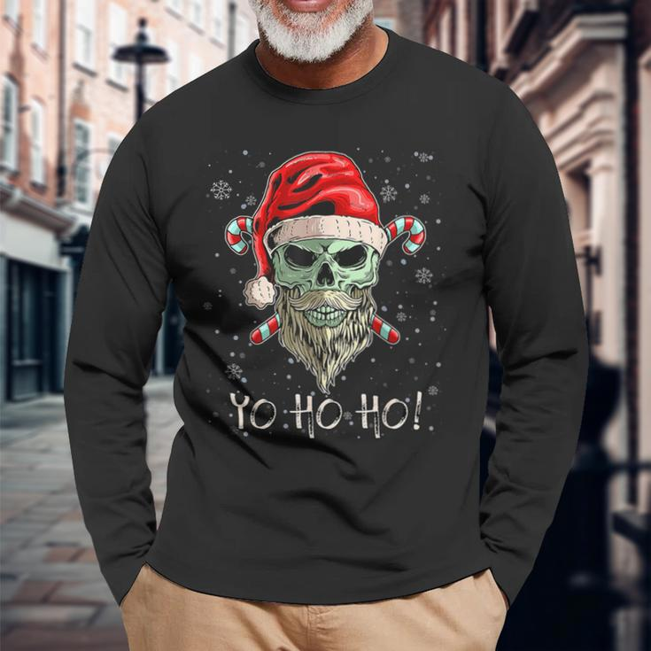 Cool Skull Beard Santa Pirate Christmas Jolly Roger Pajamas Long Sleeve T-Shirt Gifts for Old Men