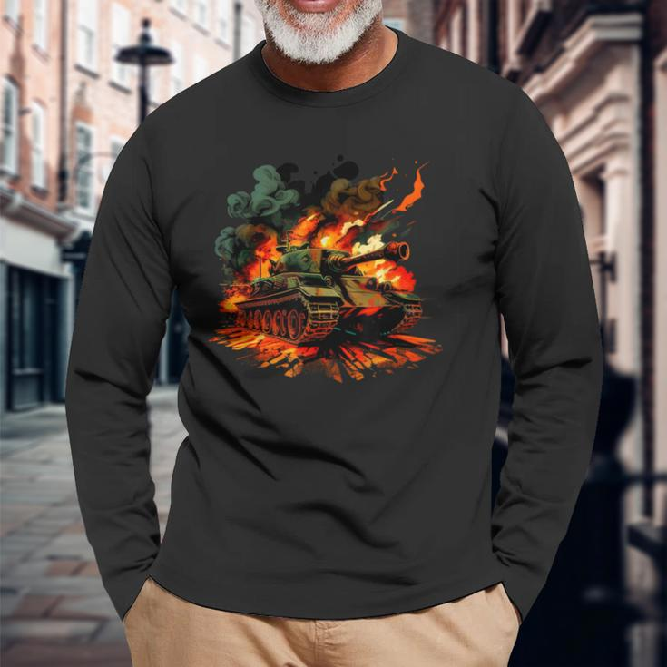 Cool Tank On Flames For Military Tank Lovers Long Sleeve T-Shirt Gifts for Old Men