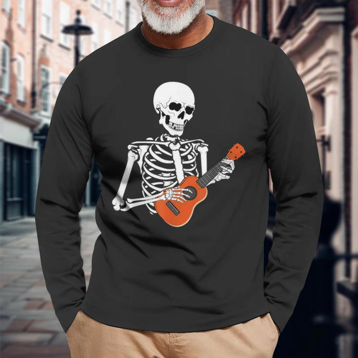 Cool Ukulele Skeleton Playing Guitar Instrument Halloween Long Sleeve T-Shirt Gifts for Old Men