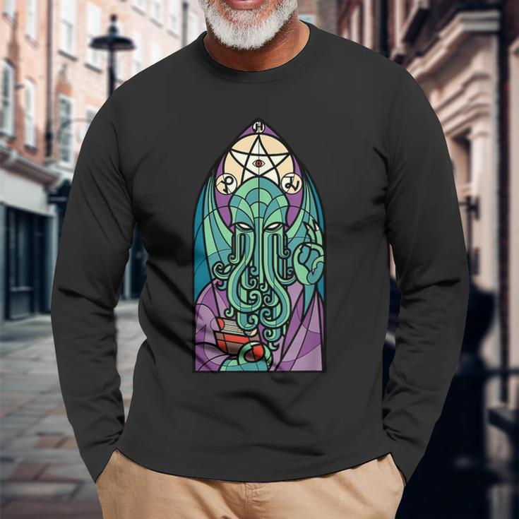 Cthulhu Church Stained Glass Cosmic Horror Monster Church Long Sleeve T-Shirt Gifts for Old Men