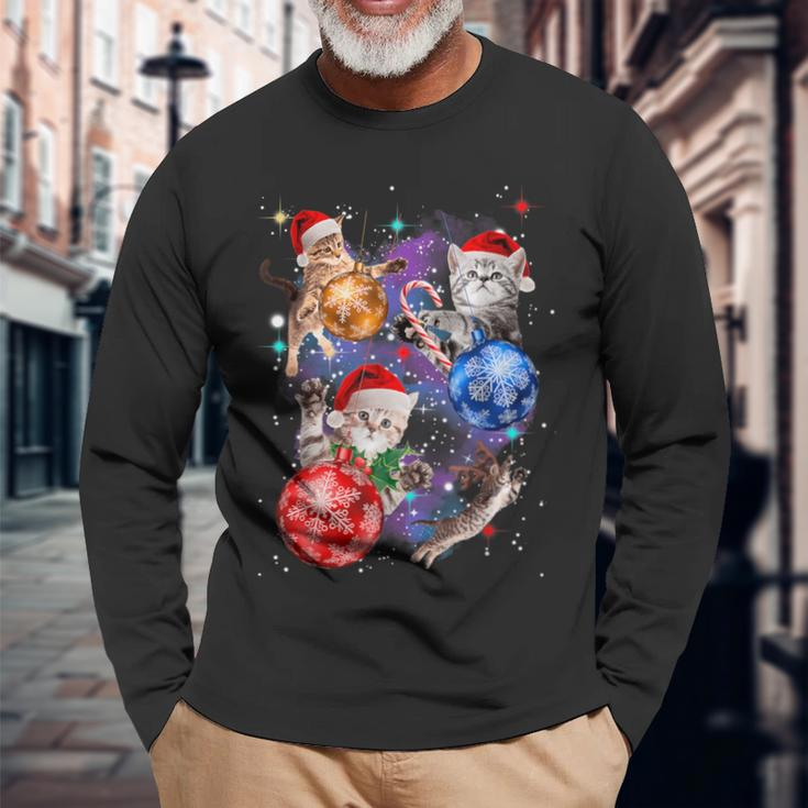Cute Christmas Cats In Space Ornaments Graphic Long Sleeve T-Shirt Gifts for Old Men