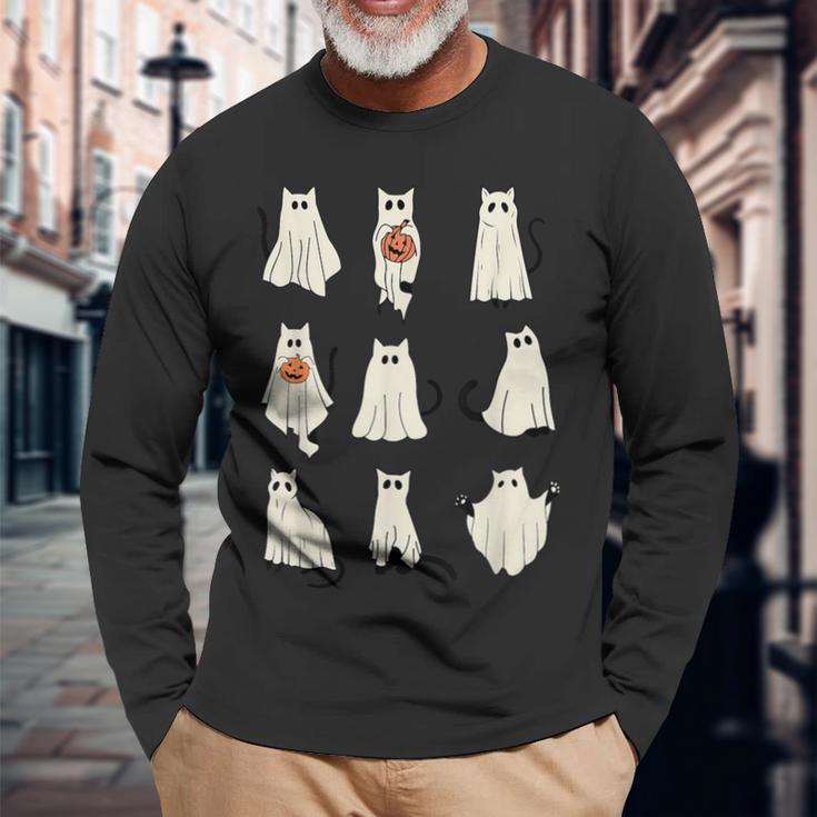 Cute Ghost Cats Cat Halloween Outfit Costumes Long Sleeve T-Shirt Gifts for Old Men